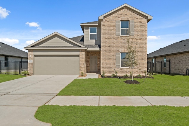 traditional-style home featuring concrete driveway, fence, brick siding, and a front lawn