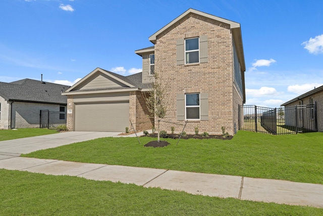 view of front facade featuring brick siding, a garage, concrete driveway, and a front lawn