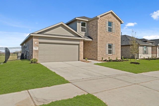 traditional home featuring a front lawn, fence, concrete driveway, a garage, and brick siding