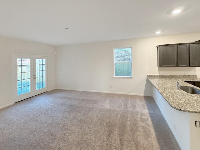 unfurnished living room featuring a healthy amount of sunlight, sink, and light colored carpet