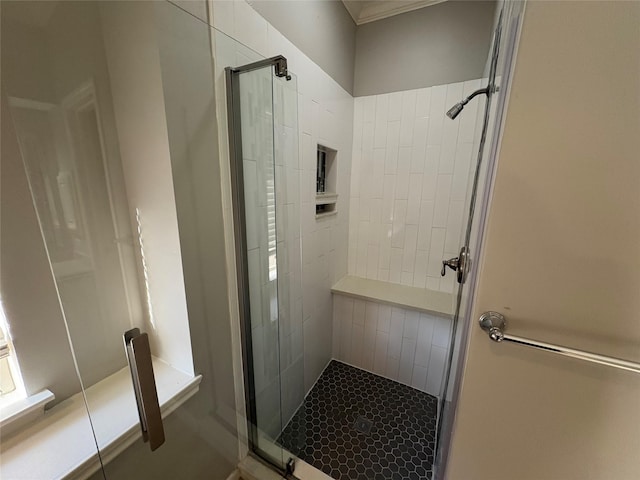 bathroom featuring a shower with shower door