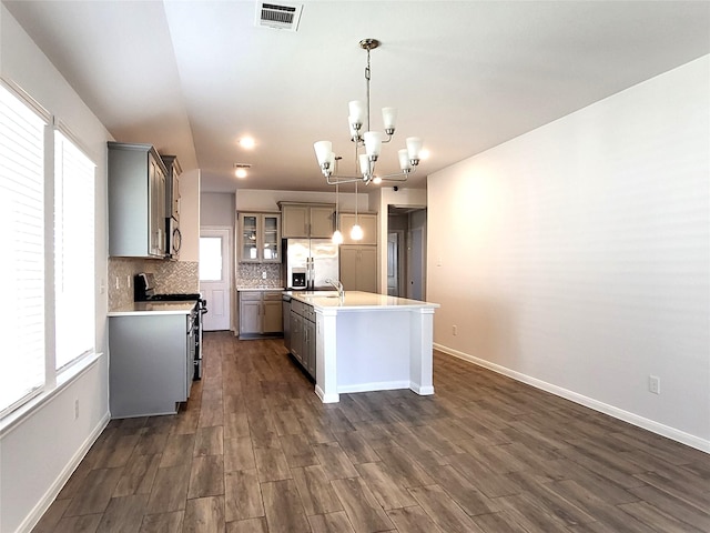 kitchen featuring hanging light fixtures, a notable chandelier, backsplash, a center island with sink, and appliances with stainless steel finishes