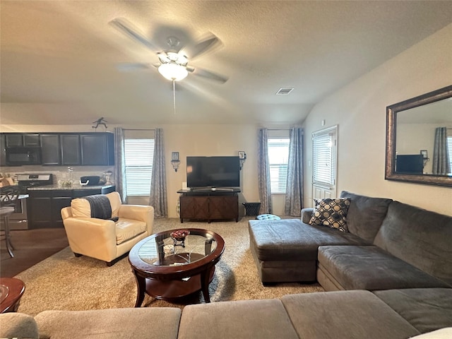 living room featuring lofted ceiling, ceiling fan, and a textured ceiling