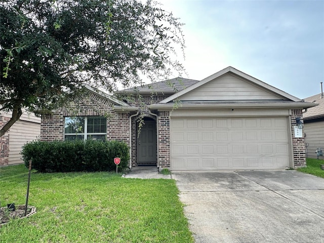 single story home with a garage and a front lawn