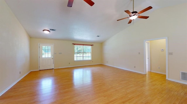 unfurnished living room with ceiling fan, light hardwood / wood-style flooring, and high vaulted ceiling