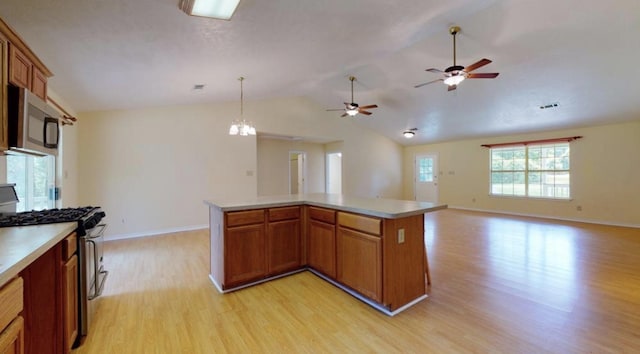 kitchen with appliances with stainless steel finishes, light hardwood / wood-style flooring, a kitchen island, and hanging light fixtures