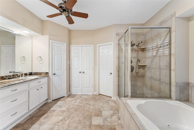 bathroom with vanity, separate shower and tub, and ceiling fan