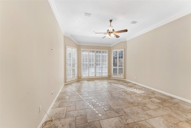 empty room with ceiling fan, lofted ceiling, and crown molding