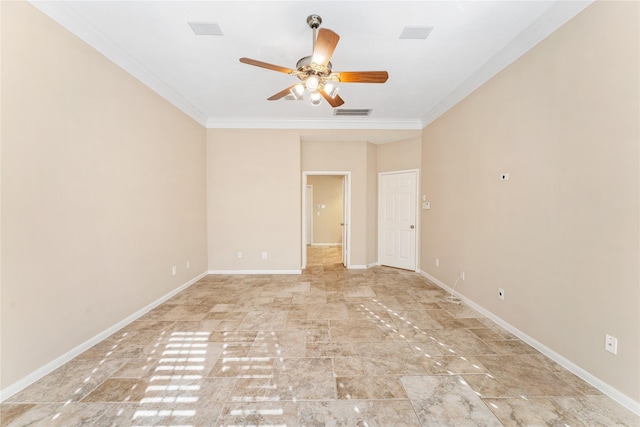 unfurnished room featuring ceiling fan and crown molding