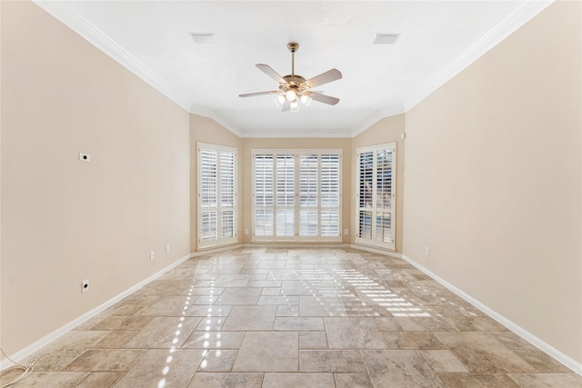 empty room featuring ceiling fan, crown molding, and vaulted ceiling