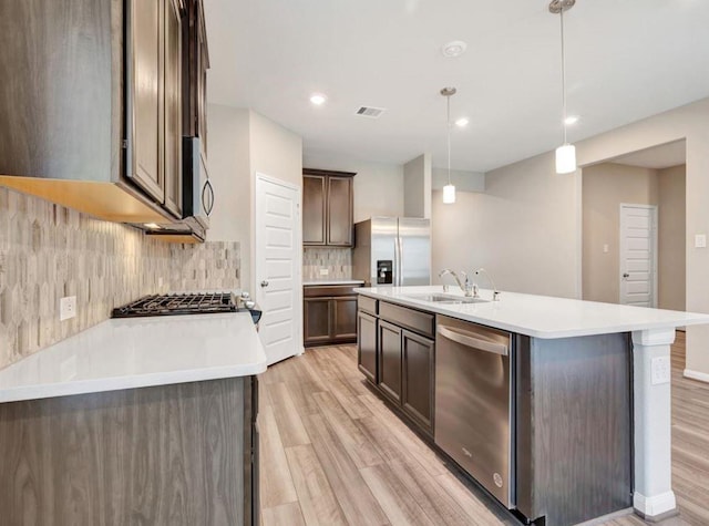 kitchen with sink, stainless steel appliances, tasteful backsplash, pendant lighting, and a kitchen island with sink