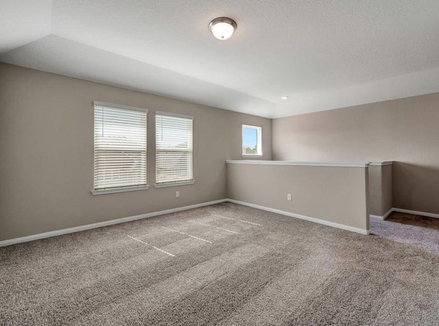 carpeted spare room with a textured ceiling and a tray ceiling