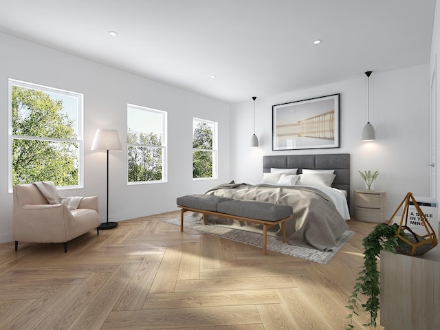 bedroom featuring multiple windows and light parquet floors