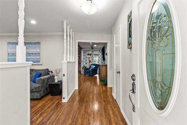 foyer entrance with dark hardwood / wood-style flooring and crown molding