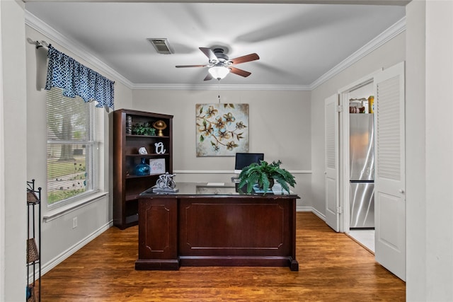 home office with ceiling fan, dark wood-type flooring, and crown molding