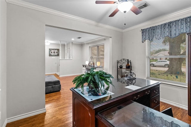 home office featuring wood-type flooring, ceiling fan, plenty of natural light, and crown molding