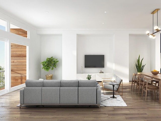 living room with crown molding and dark wood-type flooring