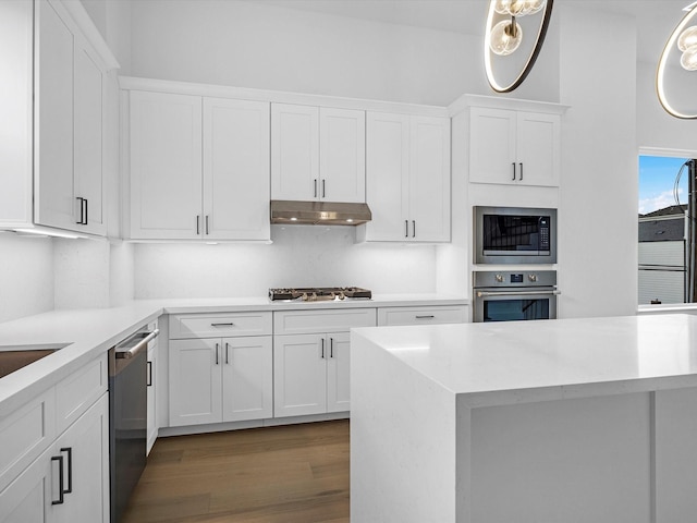 kitchen featuring appliances with stainless steel finishes, dark hardwood / wood-style floors, white cabinetry, and hanging light fixtures