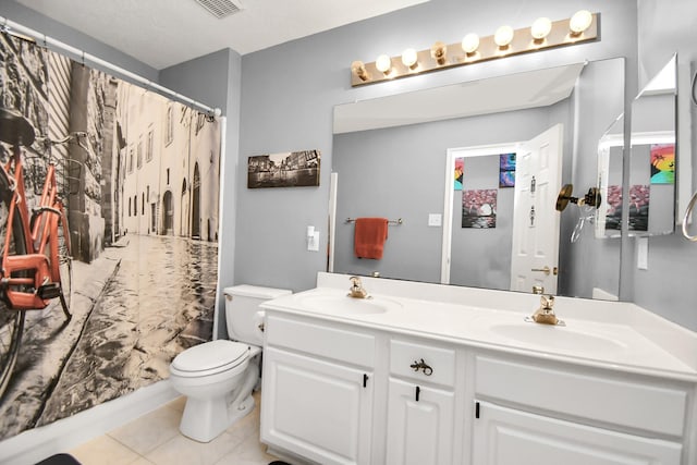 bathroom with walk in shower, tile patterned flooring, vanity, and toilet