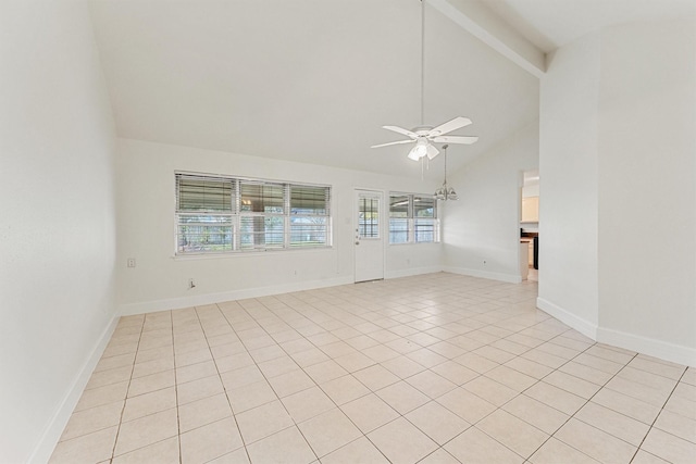 tiled spare room with beam ceiling, high vaulted ceiling, and ceiling fan