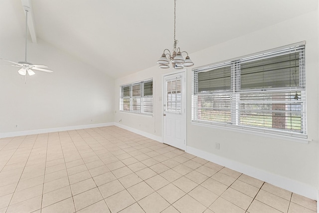 unfurnished dining area featuring lofted ceiling, ceiling fan with notable chandelier, and light tile patterned floors