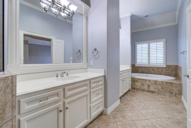 bathroom with tile patterned floors, vanity, ornamental molding, and tiled tub