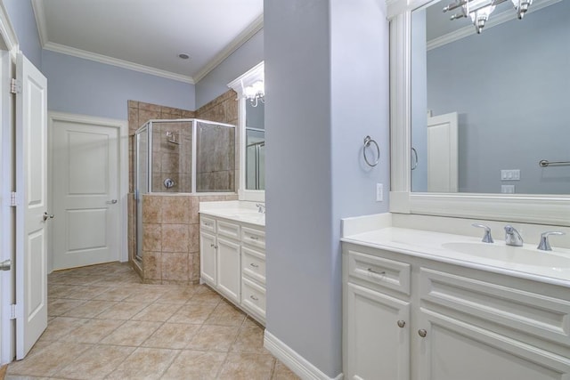 bathroom featuring vanity, tile patterned floors, walk in shower, and ornamental molding