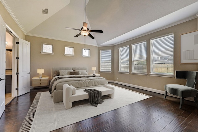 bedroom with ceiling fan, crown molding, dark wood-type flooring, and lofted ceiling