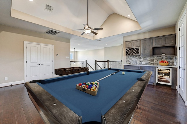 recreation room featuring dark hardwood / wood-style floors, ceiling fan, billiards, and beverage cooler