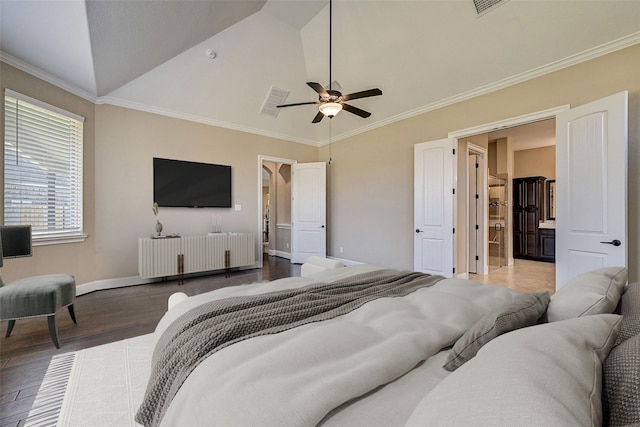 bedroom featuring ceiling fan, crown molding, dark wood-type flooring, and lofted ceiling