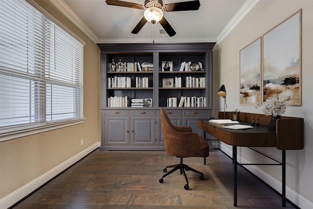 office area featuring ceiling fan, ornamental molding, and dark wood-type flooring