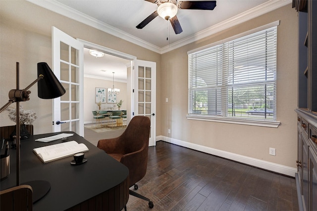 office space with french doors, ceiling fan with notable chandelier, dark wood-type flooring, and crown molding