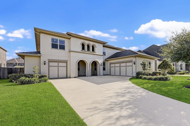 mediterranean / spanish-style home with a front yard and a garage