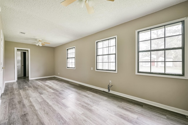 spare room with light wood-type flooring, a textured ceiling, and plenty of natural light