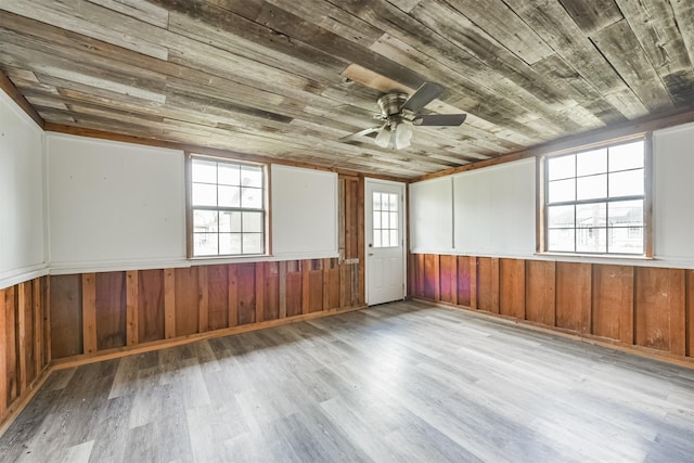 unfurnished room featuring ceiling fan, light wood-type flooring, wood ceiling, and wooden walls