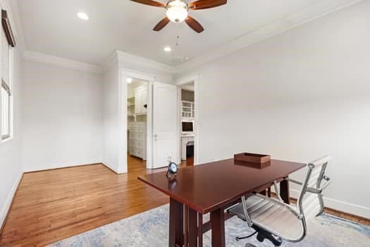 1148 Nicholson St, Houston, TX 77008 - home office with crown molding, baseboards, a ceiling fan, and wood finished floors