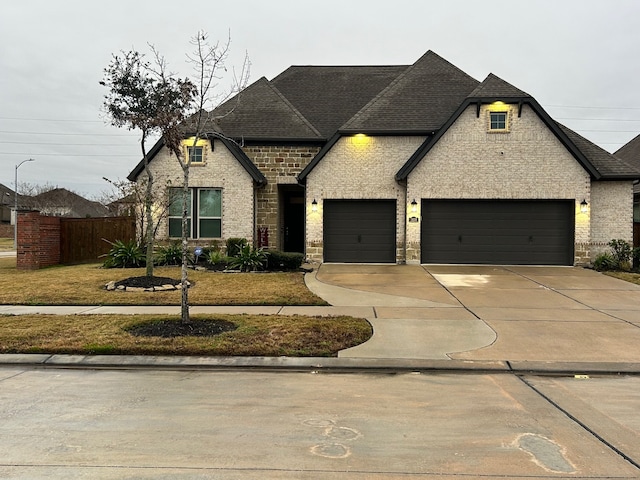 french country inspired facade featuring a front yard and a garage