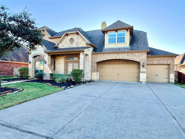 view of front of house with a front lawn and a garage