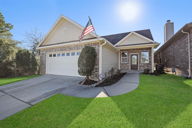 view of front of home with central AC and a front lawn