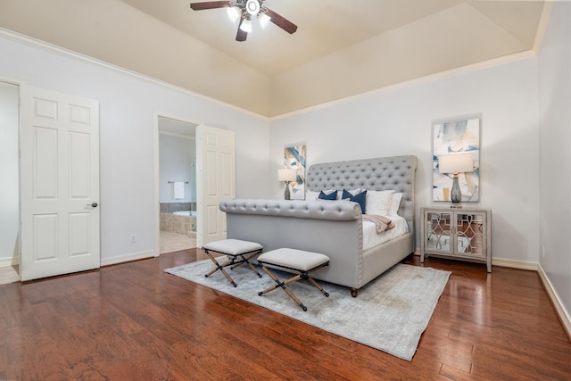 bedroom featuring high vaulted ceiling, ceiling fan, dark hardwood / wood-style floors, and connected bathroom