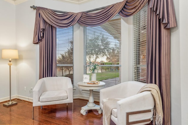 sitting room featuring hardwood / wood-style floors and crown molding