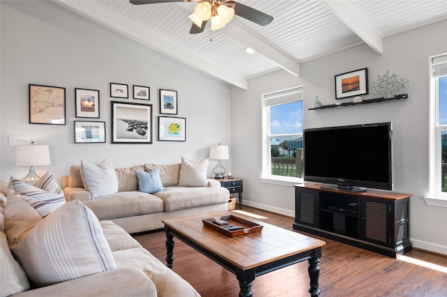 living room with hardwood / wood-style floors, lofted ceiling with beams, and ceiling fan