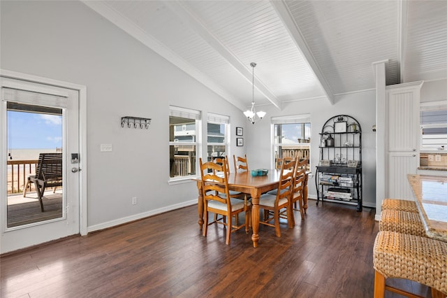 dining space with beam ceiling, dark hardwood / wood-style floors, an inviting chandelier, and a healthy amount of sunlight