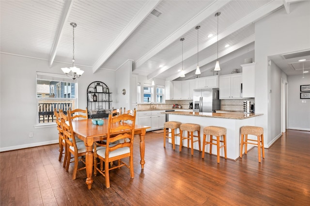 dining room featuring high vaulted ceiling, sink, beamed ceiling, a notable chandelier, and dark hardwood / wood-style flooring