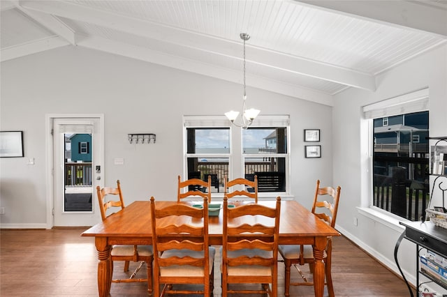 dining room with dark hardwood / wood-style flooring, lofted ceiling with beams, and a notable chandelier