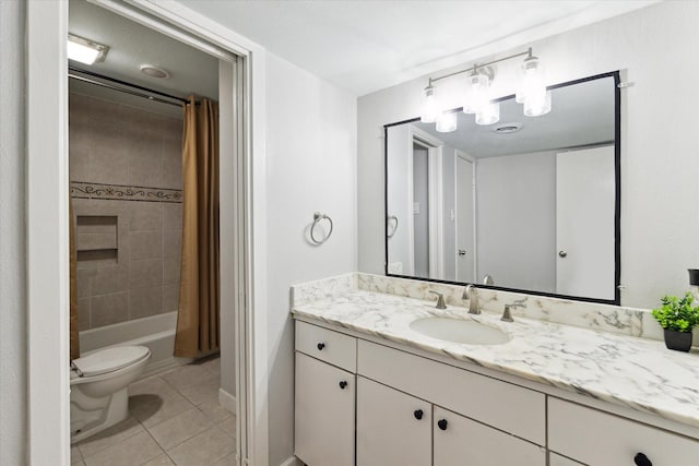 full bathroom with toilet, vanity, tile patterned floors, and shower / bathtub combination with curtain