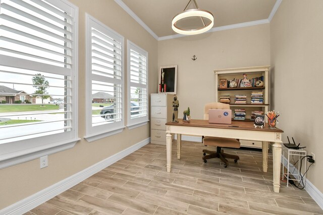 office area featuring light hardwood / wood-style floors and crown molding