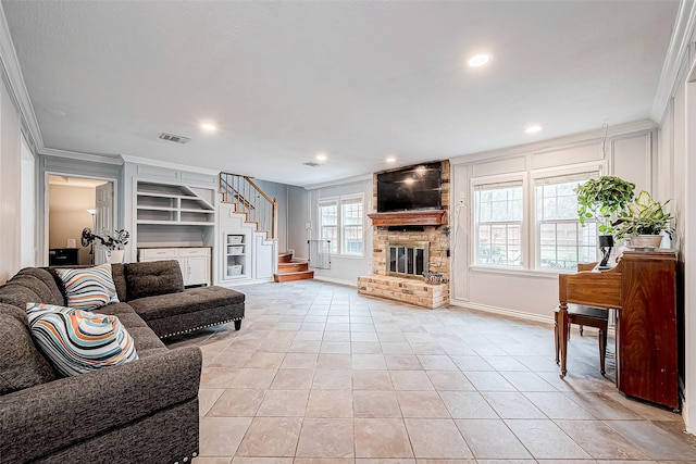 tiled living room with a fireplace, crown molding, and built in features