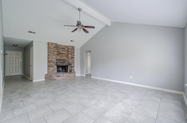 unfurnished living room with ceiling fan, a brick fireplace, beamed ceiling, high vaulted ceiling, and light tile patterned flooring