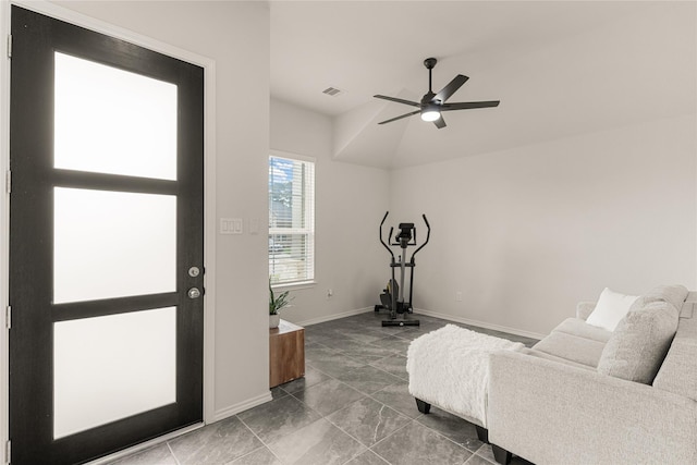 entrance foyer with ceiling fan